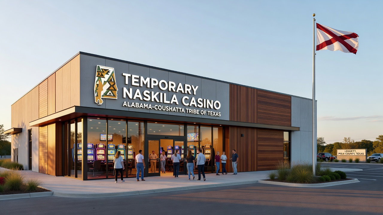 Interior scene inside the temporary Naskila Casino highlighting gaming machines, the deli counter, and players club area